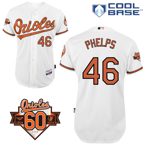 Cord Phelps #46 MLB Jersey-Baltimore Orioles Men's Authentic Home White Cool Base/Commemorative 60th Anniversary Patch Baseball Jersey